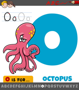 letter O from alphabet with cartoon octopus animal character