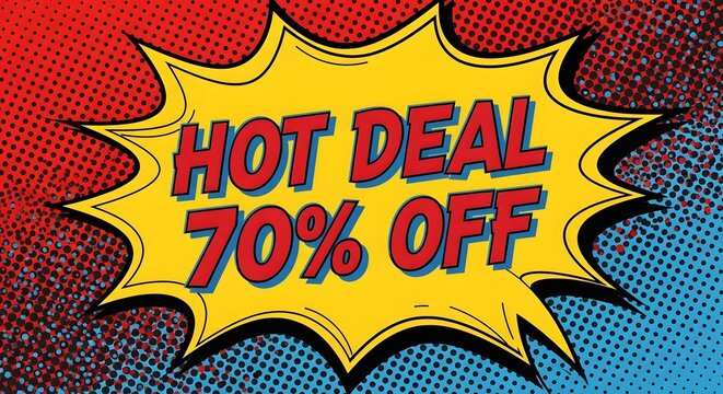 Comic book style banner with hot deal and 70 percent off text