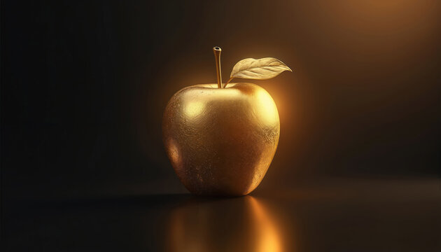 Golden apple with leaf rests on reflective dark surface. Shiny metallic fruit glows softly against black backdrop. Elegant still life illustration suggests wealth or prize.