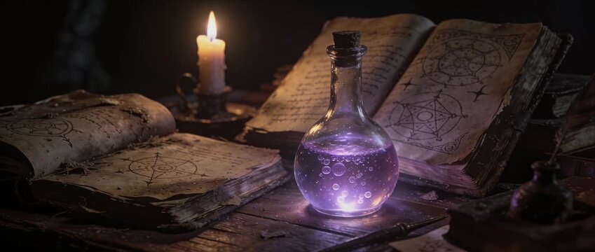 Mystic potion magic book candle light ancient symbol fantasy table glowing bottle purple liquid spell casting alchemy lab arcane ritual ancient magic book alchemy bottle purple potion glowing elixir