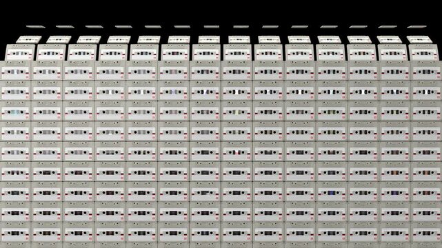 Retro White Audio Cassette Flat Lay Grind Transition with Alpha Channel vertical wipe.