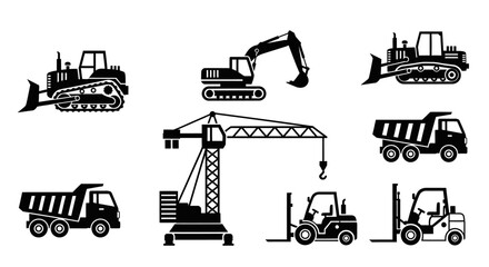 Collection of black silhouette icons depicting various heavy construction and industrial machinery, including bulldozers, excavators, dump trucks, a crane, and forklifts. © IMRONI