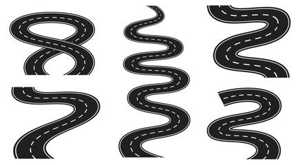 Fototapeta premium Collection of six winding asphalt road segments with dashed white lines, illustrating various curved paths and turns from a top-down view.