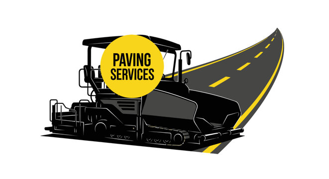Graphic illustration of a black asphalt paver machine with 'PAVING SERVICES' text on a yellow circle, set against a curving road with yellow lines, depicting road construction and maintenance.