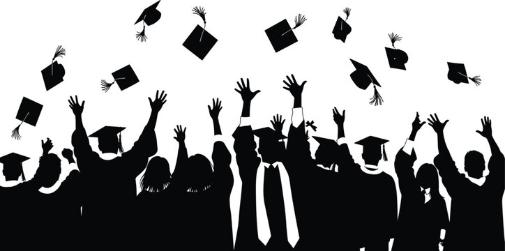 Graduation crowd silhouettes throwing caps in the air to celebrate academic success and university commencement ceremony with students in gowns at college convocation vector