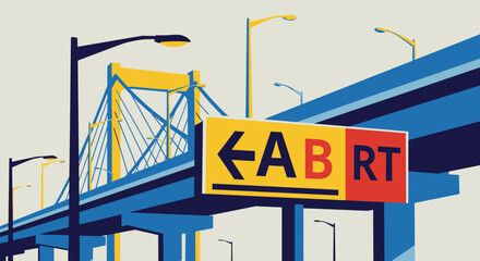 Modern Cable-Stayed Bridge with Streetlights and Directional Sign "A B RT" in Urban Landscape © IMRONI