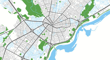 Fototapeta premium Detailed overhead map of a city with streets, buildings, river, and green parks