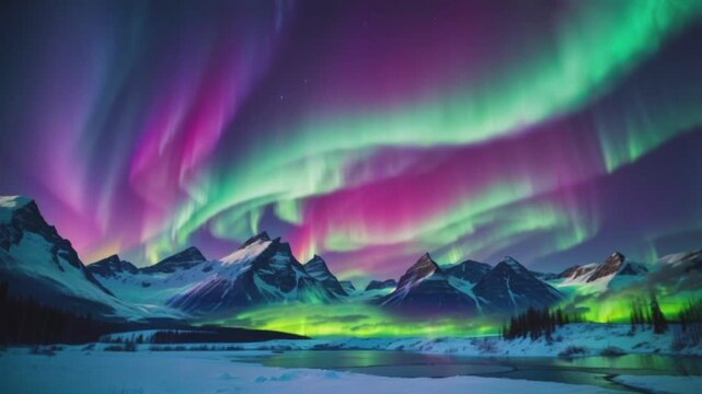 A stunning night view under a sky filled with colorful aurora borealis (northern lights), dominating the sky with a curved and swirling curtain of green, purple and blue light.