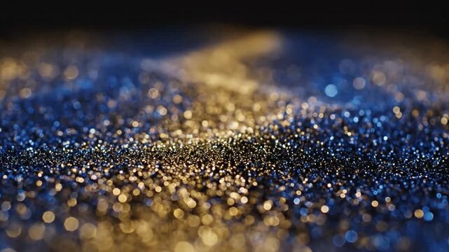 Macro Photography of Luxurious Blue and Gold Sparkling Glitter Texture with Beautiful Defocused Bokeh for Premium Abstract Backgrounds