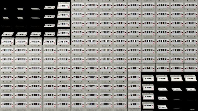 Retro White Audio Cassette Flat Lay Grind Transition with Alpha Channel two side diagonal wipe.