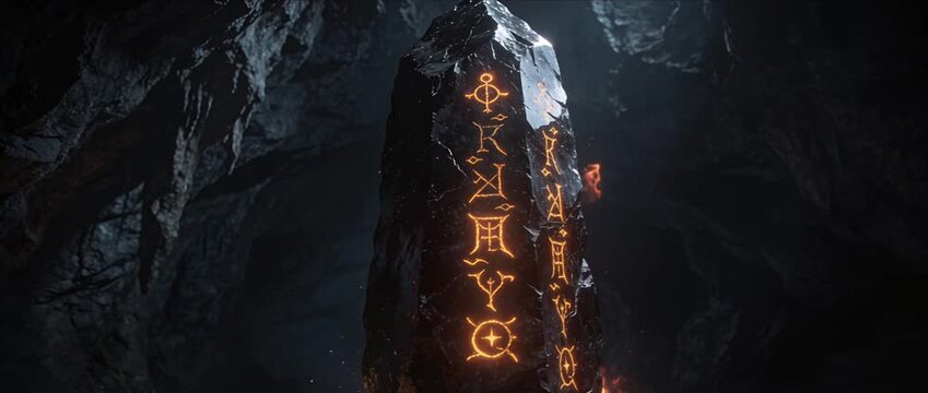 Ancient mystic fantasy rune glowing stone monolith in dark cave, cinematic magic landscape with mysterious artifact, burning inscription, dramatic lighting and orange light game art scene