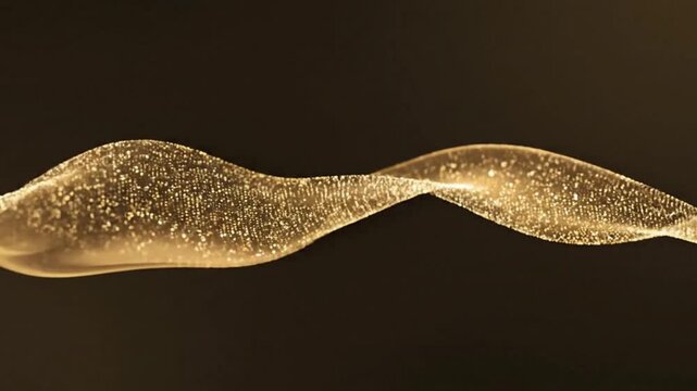 Luxurious Golden Liquid Wave with Sparkling Glitter Particles on Dark Abstract Background for Premium Cosmetic and Elegant Design Presentations