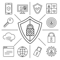 Fototapeta premium Modern Business Line Icon Set Featuring Corporate Management, Startup Strategy, Teamwork Collaboration, Financial Growth, Marketing Analytics, Office Communication and Leadership Symbols Minimal Out