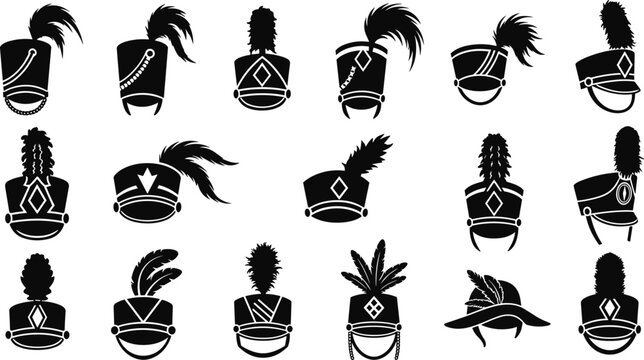 Marching band hat silhouette icons, military shako plume symbols, musician uniform headwear, ceremonial drum major caps, parade performance vector elements.