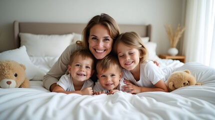 Fototapeta premium A cheerful Caucasian mother cuddles with her three children on a cozy bed, surrounded by soft teddy bears.