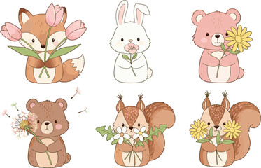 Naklejka premium Cute woodland animals holding flowers set with bunny bear fox and deer in soft pastel cartoon vector illustration collection