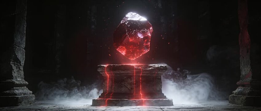 Floating red crystal magic stone on ancient altar in dark fantasy dungeon, glowing gemstone artifact above ruined stone pedestal, mystical cavern temple with hovering red gem illuminating shadowy hall