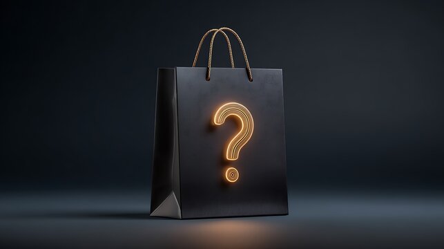 A sleek, black shopping bag featuring a glowing, gold question mark, implying a surprise