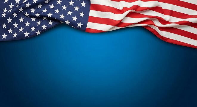A high-quality image of the american flag draped elegantly against a solid deep blue background