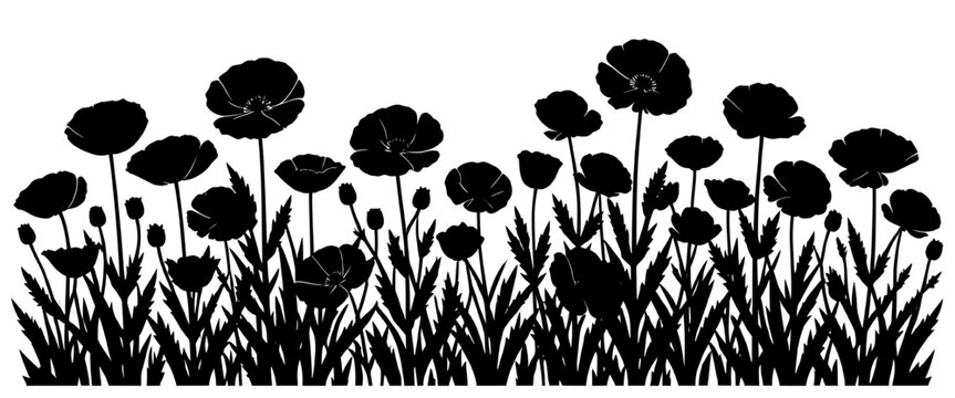 poppy flower silhouette border with wildflowers grass and botanical meadow elements clean black vector design for cricut vinyl cutting laser engraving stencil and decorative craft projects