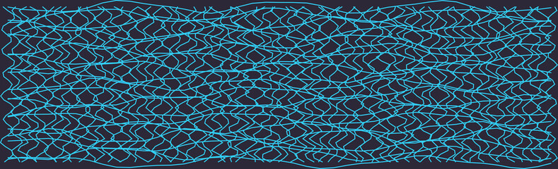 A digital abstract design featuring a distorted grid with wavy blue lines creating an intricate pattern.