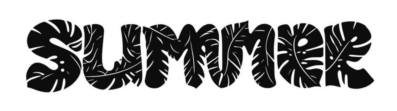 summer tropical lettering silhouette with monstera leaf pattern bold black typography design for cricut vinyl cutting laser engraving stencil decal and decorative craft projects