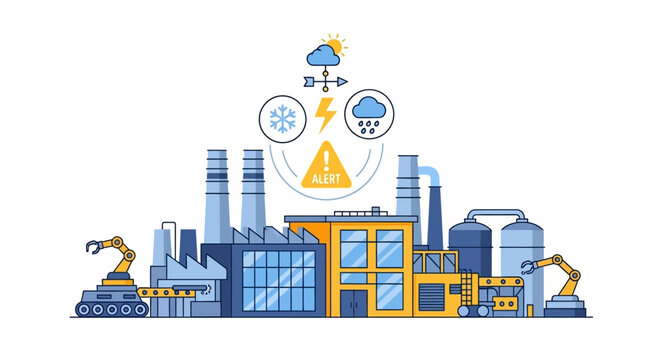 Industrial Operations Weather Alert System Vector Icon - Factory Resilience to Climate Change & Production Warning