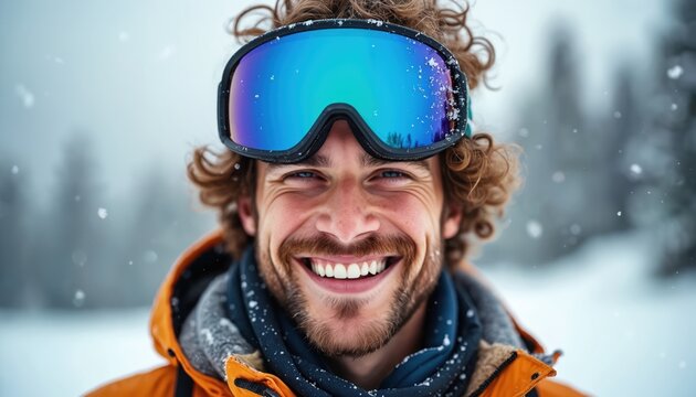 Happy man in ski goggles smiles outdoors in winter snow. He enjoys cold weather sports like skiing or snowboarding. Athlete poses for photo with snow falling around him.