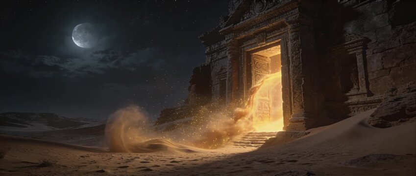 Ancient desert temple fantasy ruin mystical doorway glowing gate entrance with magic sand dunes, moonlit night sky, mysterious portal, monument steps and magical energy glow