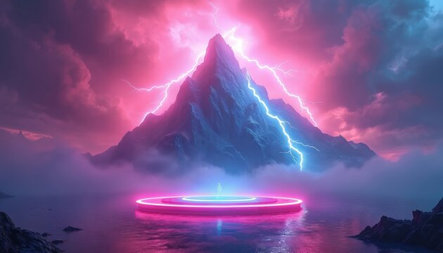Massive mountain peak struck by lightning bolts. Neon stage floats on water with pink and blue glow. Dramatic storm clouds gather over mystic landscape at night.