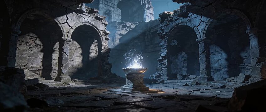 Fantasy ruin magic altar ancient stone architecture dungeon video creation with glowing blue light smoke and mystic atmosphere abandoned temple hall mysterious crumbling arch interior moonbeam glow
