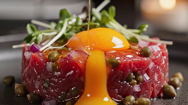 Detailed close up of a raw beef tartare dish on a dark plate topped with a vibrant orange egg yolk, microgreens, capers, chopped onions, and a drizzle of oil, lit by candle light.