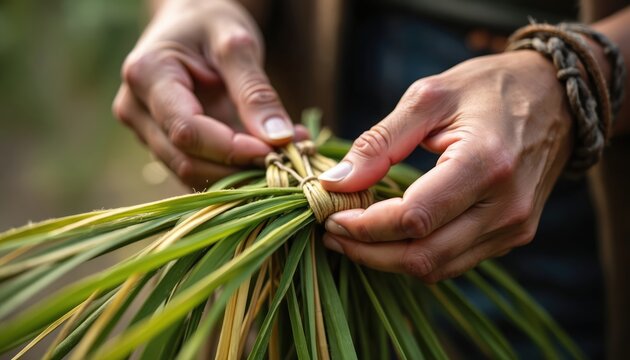 Person braids fresh sweetgrass for craft or ceremony. Hands tie bundle with natural twine, creating useful item or ritual object. Focus on traditional handmade skill and plant material.