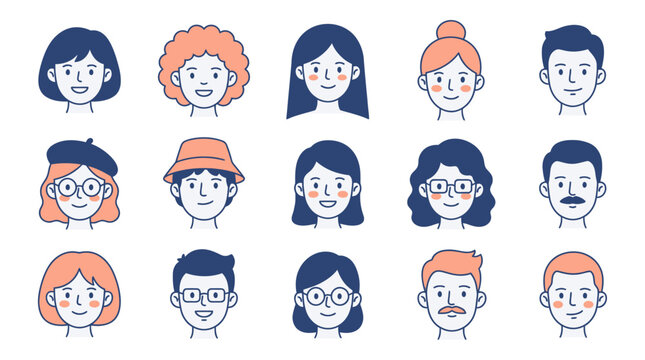 Diverse people avatars collection in flat line art style | Set of male and female character portraits for profile icons and social media web design