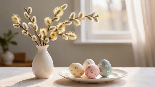 Pastel decorated Easter eggs arranged on a plate beside a vase with blooming willow branches near a window, creating a calm spring holiday still life with soft natural light