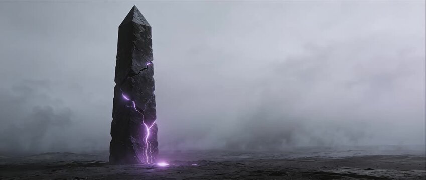 Dark monolith cracked stone and obelisk glowing purple mystical energy in alien landscape sci fi fantasy surreal scene beneath ominous sky and foggy horizon with storm cloud and purple lightning