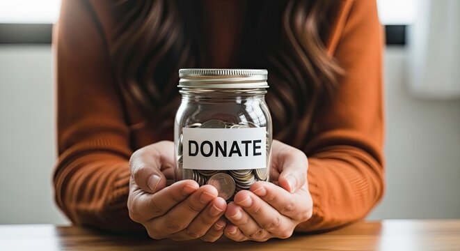 Woman holding a donation jar with a clear call to action
