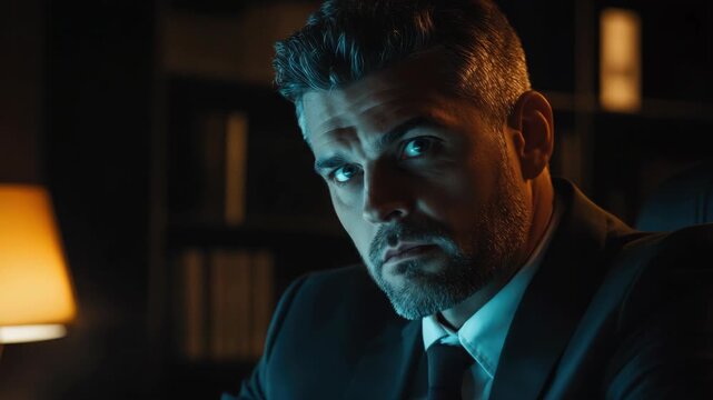 The video depicts a man in an office setting, dressed in business attire, wearing a suit and tie. His expression is intense and thoughtful as he gazes to the side, suggesting a serious or dramatic
