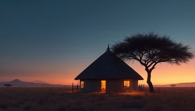 Thatched roof hut on African savanna at sunset with acacia tree. Warm light from windows suggests home and safety in remote wilderness. Beautiful rural landscape at dusk.