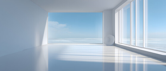 Fototapeta premium A bright, spacious, and minimalist interior, illuminated by sunlight streaming through a large window. A view of the sky adds depth