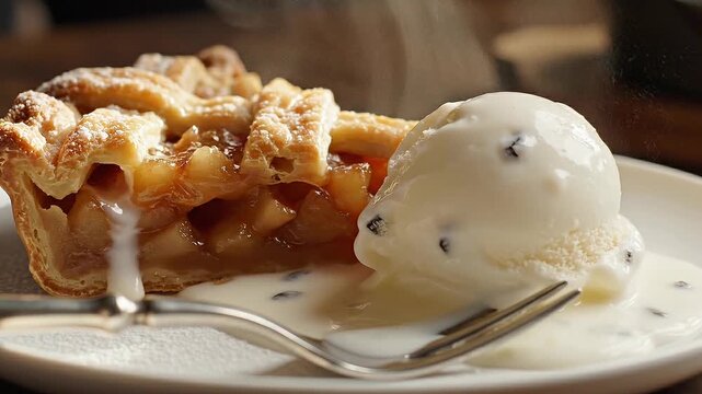 Warm Apple Pie Slice With Vanilla Bean Ice Cream On A White Plate