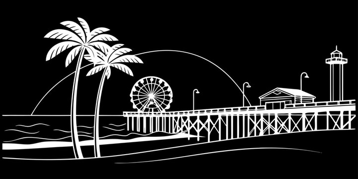 USA, US, U.S, United States - Myrtle Beach Skyline Minimal SVG &ndash; Clean Line Black & White Vector Cityscape and Coastal Beach Silhouette, Modern Simple Outline Design for Digital Art and Prints
