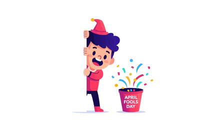 A cheerful cartoon boy in a party hat stands next to a colorful bucket with confetti on April Fools' Day, conveying a joyful and playful mood with a fun prank © NanzZ