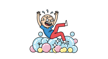 Fototapeta premium A cheerful cartoon man jumping in colorful balloons on April Fools' Day with a joyful and playful mood
