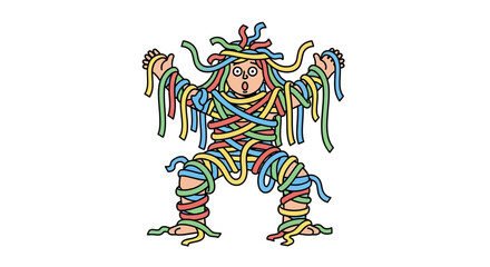 A colorful cartoon character wrapped in multicolored wires and cables stands against a clean white background, conveying a joyful and playful mood with a comedic prank illustration design © NanzZ