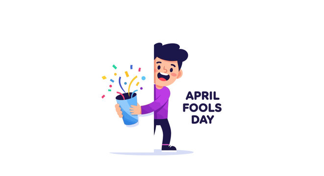 A cartoon man holding a bucket with colorful confetti and a surprised expression on April Fools' Day