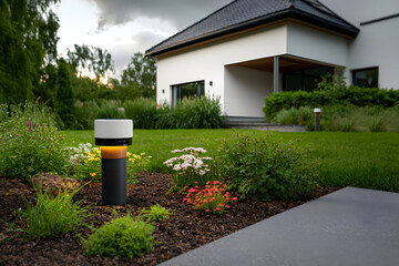 Obraz premium Modern house exterior garden features elegant outdoor lighting and lush green lawn, creating serene landscape