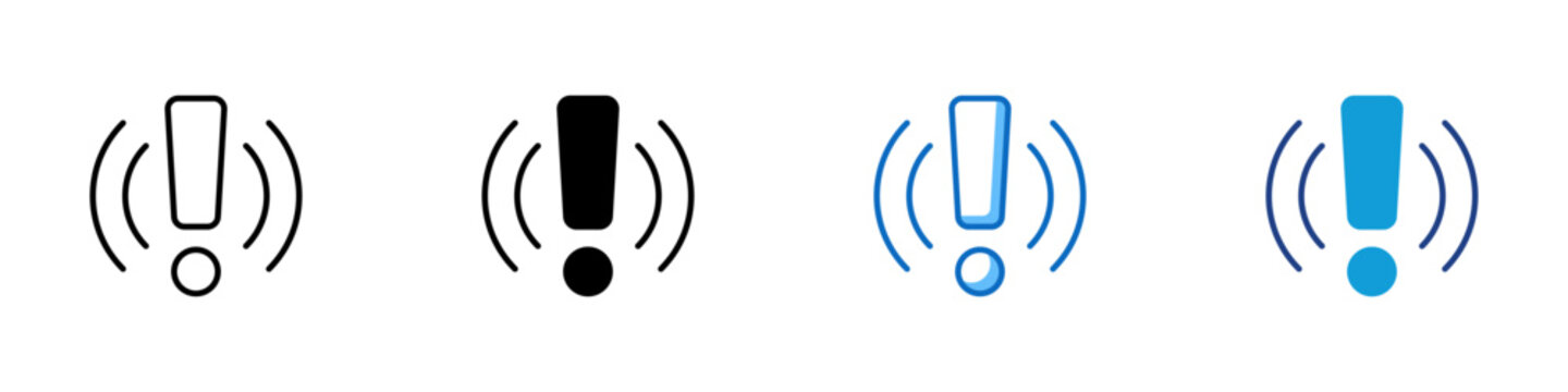 Alert Signal Multiple Style Icon Design Vector - Exclamation mark with waves representing warning notification, system alert, and urgent attention