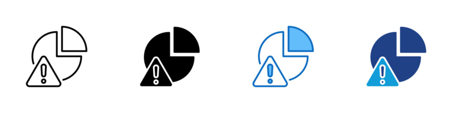 Data Issue Multiple Style Icon Design Vector - Pie chart with warning symbol representing data anomaly, performance problem, and reporting inconsistency