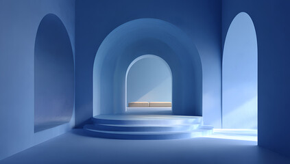 Fototapeta premium An interior rendered in cool blue hues features arched doorways leading into the depths of a building with steps and a small platform
